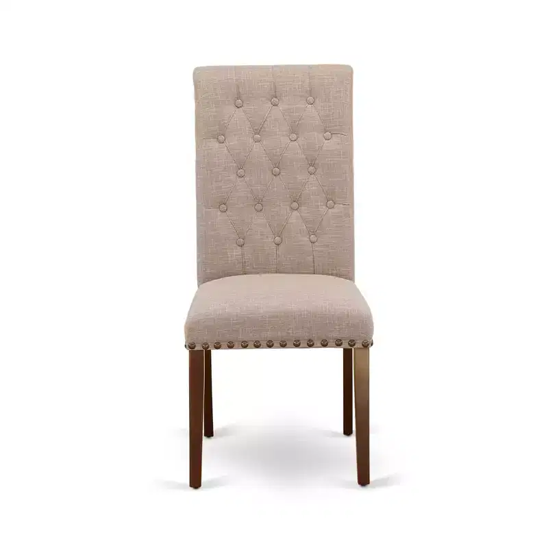 HomeStock Bremond Parson Dining Chairs Button Tufted Nailhead Trim Light Tan Linen Fabric Set of 2 Mahogany