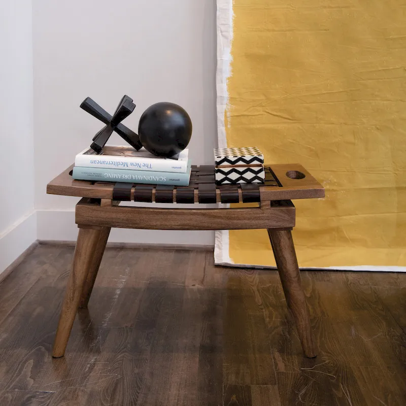Mango Wood Stool with Woven Leather Top