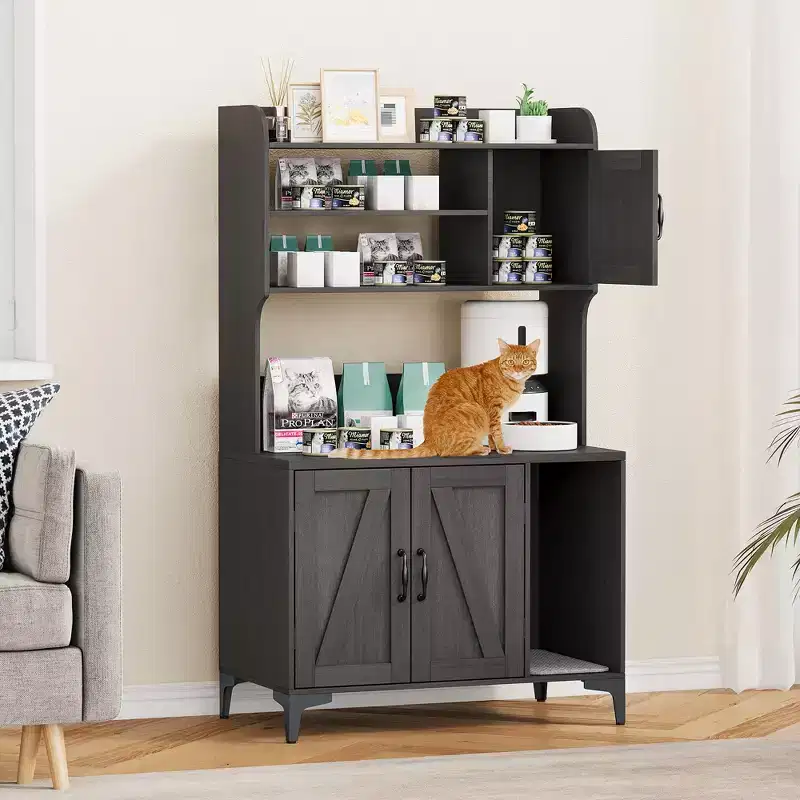 Cat Litter Box Enclosure with Storage Shelf, Modern Wooden Hidden Litter Box Furniture with Storage Shelving, Ideal for Indoor Cats