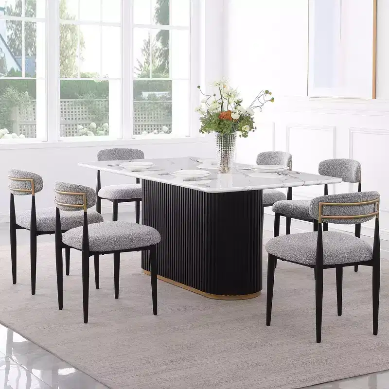 Modern 7-Piece Faux Marble Dining Table with Boucle Armless Chairs in Dining Room Set for Kitchen -Morden Fort
