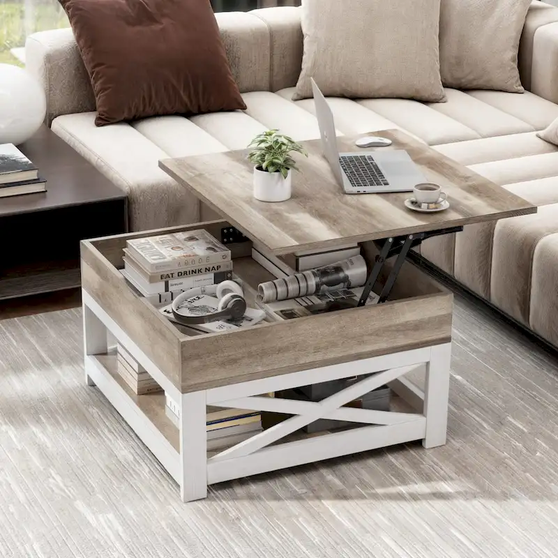 Farmhouse Square Lift Top Coffee Table with Storage Shelf for Living Room