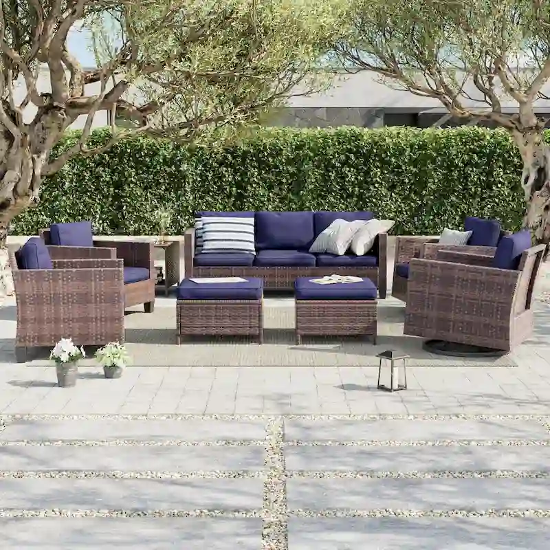 LIVOOSUN 8Pcs Patio Rocking Swivel Chair Sectional Brown Wicker Ottoman Sofa Set