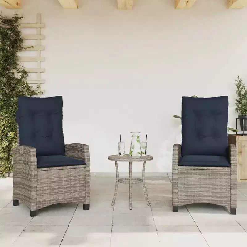 vidaXL Reclining Patio Chairs with Cushions - 2 pcs Set, Gray Poly Rattan, Adjustable Backrest, Weather-Resistant Outdoor Lounge Seating
