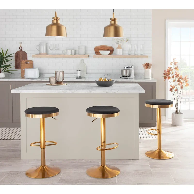 Lumisource Dakota Barstool in Gold Steel and White Leather - Set of 2 - 15Lx15Wx23-31.75H
