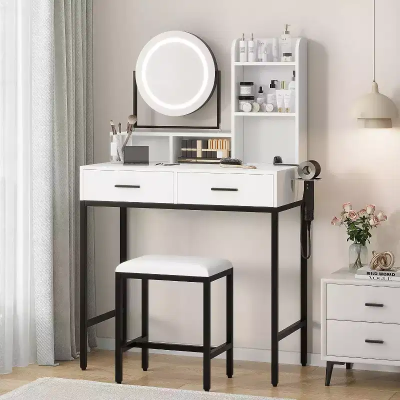 Adjustable Vanity Desk with Rotating Mirror and Storage Shelves, 2 Drawers & Stool, for Bedroom, Dressing Room