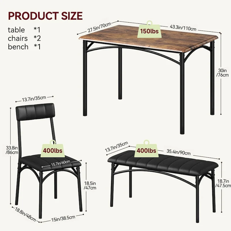 4 Piece Kitchen Table Set with 2 Upholstered Chairs, 1 Bench, 1 Dining Table