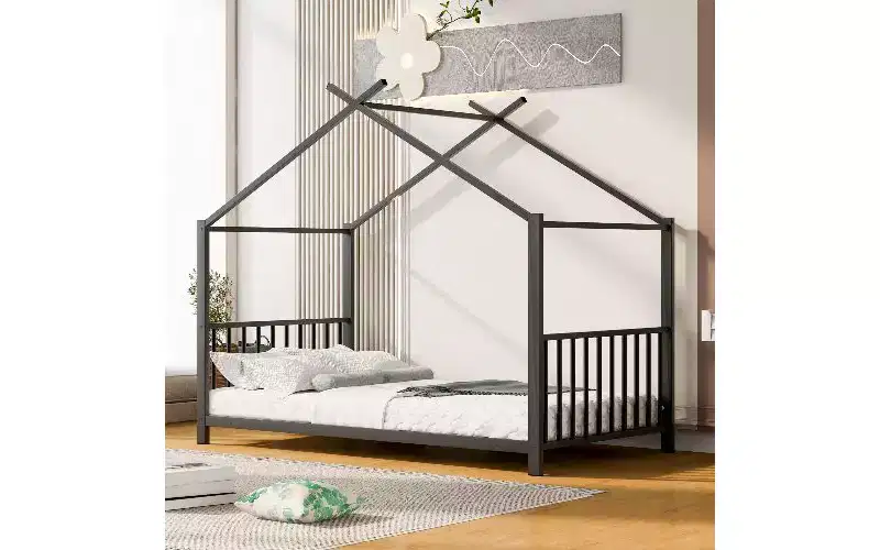 Modern Twin Size Metal House Platform Bed Frame with Headboard