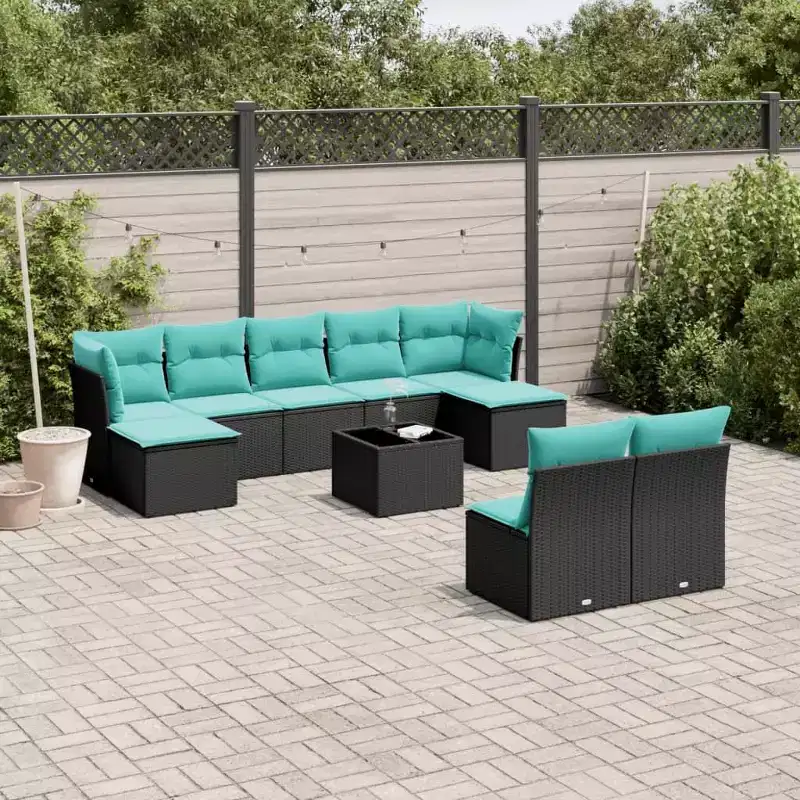 vidaXL 10 Piece Patio Sofa Set with Cushions Black Poly Rattan