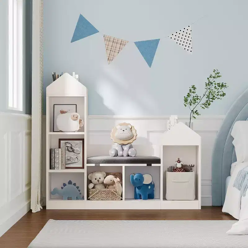 Kids Bookshelf and Storage Bench, 6-Cubby Organizer with Seat Cushion, Wooden Bookcase for Playroom, Bedroom, Reading Nook