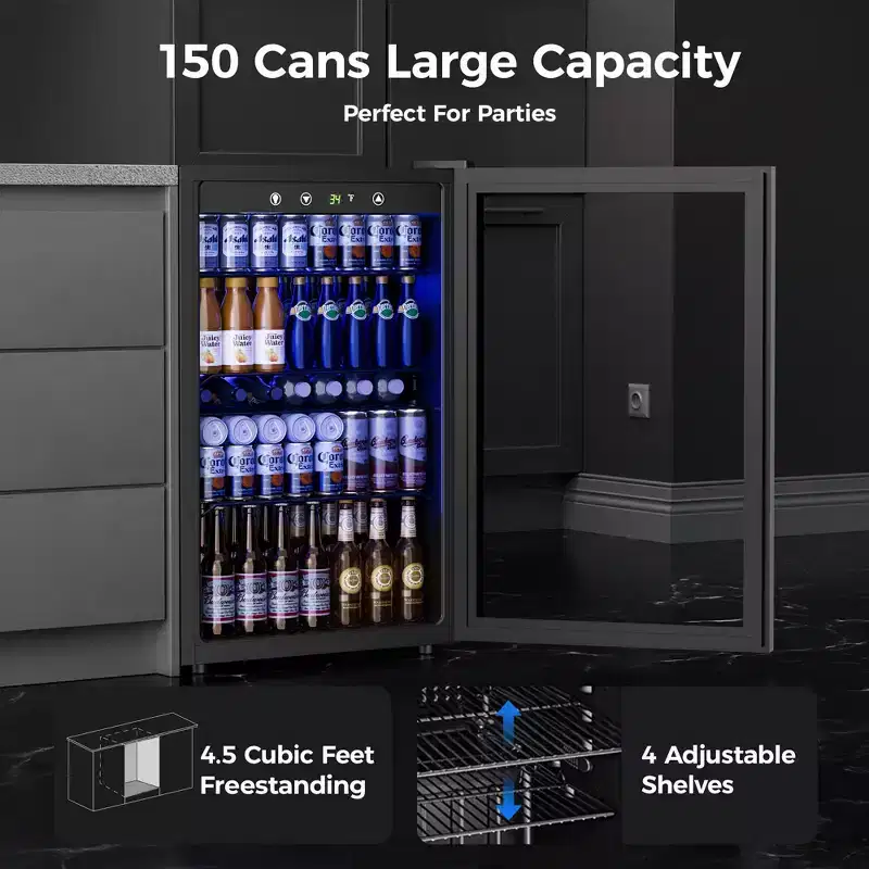 Simzlife 150 Can Beverage Refrigerator, 4.5 cu. ft. Mini Fridge, Adjustable Temperature Control, Glass Door, LED Light, Quiet Energy Efficient, Silver