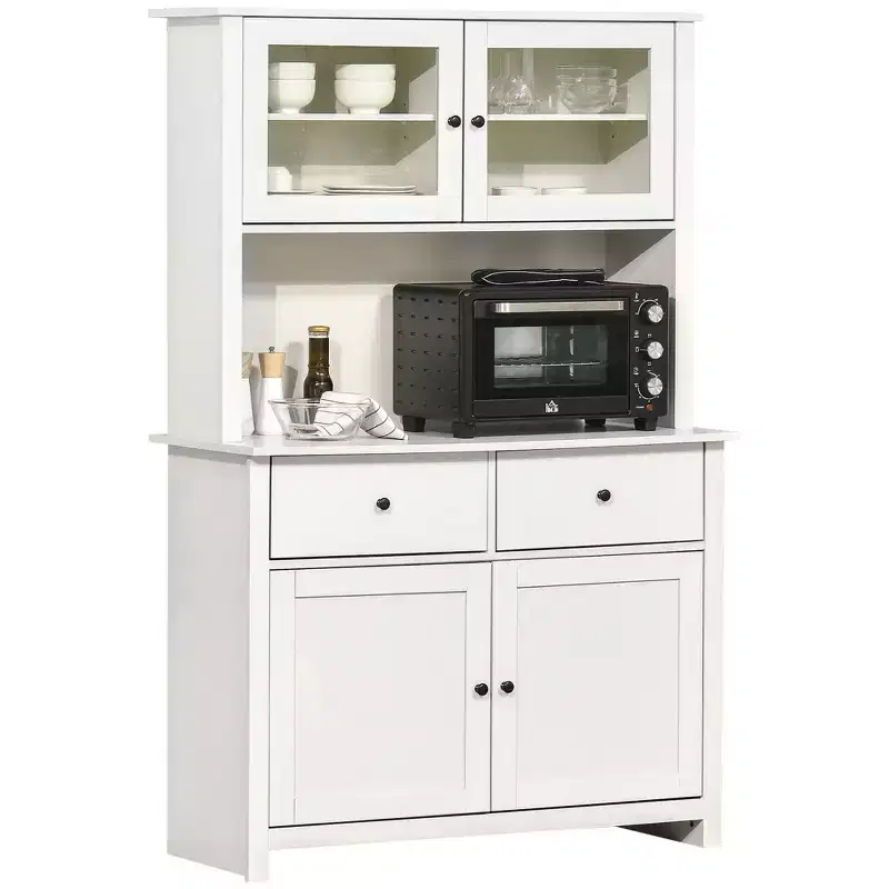 HOMCOM 63.5 Kitchen Buffet with Hutch, Pantry Storage Cabinet with 4 Shelves, Drawers, Framed Glass Doors, Open Microwave Countertop
