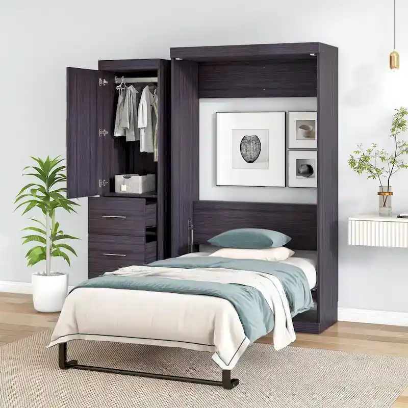 Gray Twin Size Foldable Murphy Bed Cabinet with 1 Wardrobe and 3 Drawers for 1 Person