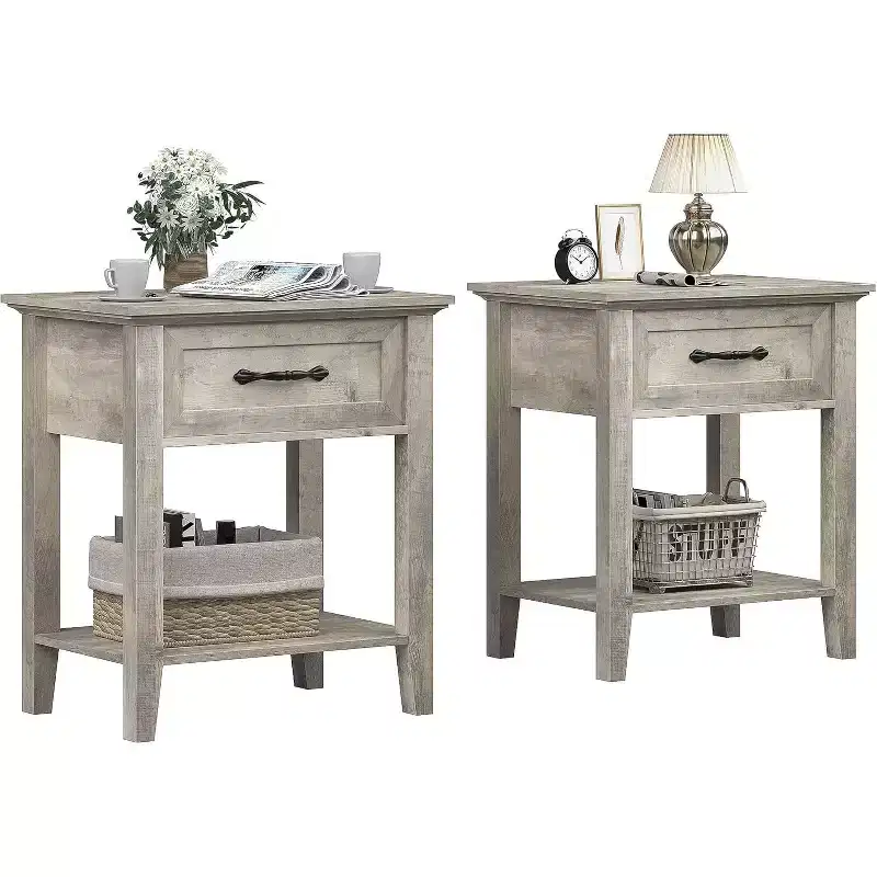 GustoWave 2-Tier Nightstand Set of 2, Nightstand with Storage Drawer, Modern Bedside End Tables for Small Spaces, Multi-Functional Side Table