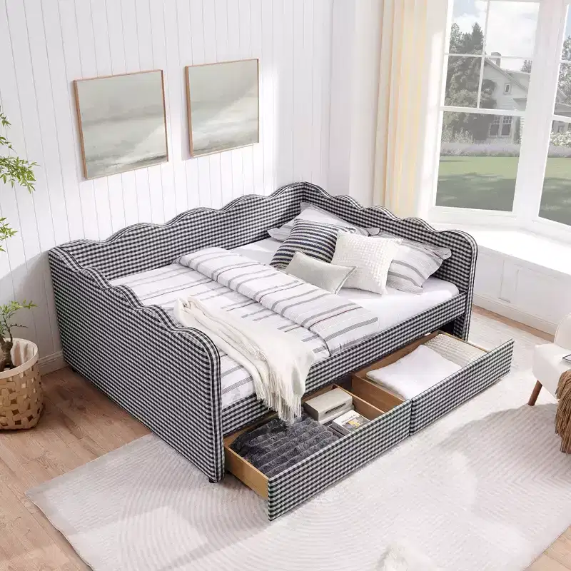 Queen Size Gingham Daybed, Adorable Wave Shaped Bed Frame with 2 Drawers, USB Port, Linen Fabric - ModernLuxe