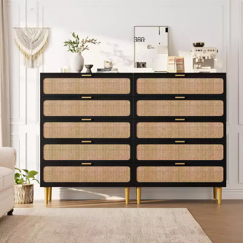 Rattan 5 Drawer Tall Dresser  Deep Storage Chest, Floor Standing Wooden Cabinet for Bedroom, Closet, Living Room