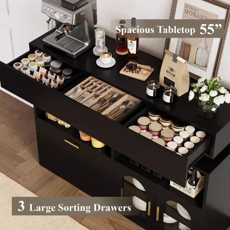 COZONY 55 Coffee Bar Cabinet with 3 Drawers & Charging Station, Kitchen Sideboard Buffet with Adjustable Shelf