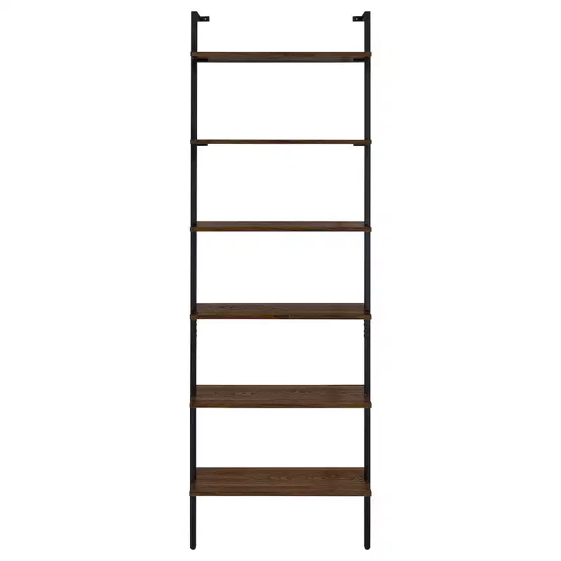 Walnut 6-Shelf Wall Bookcase, Black Metal Frame, 96
