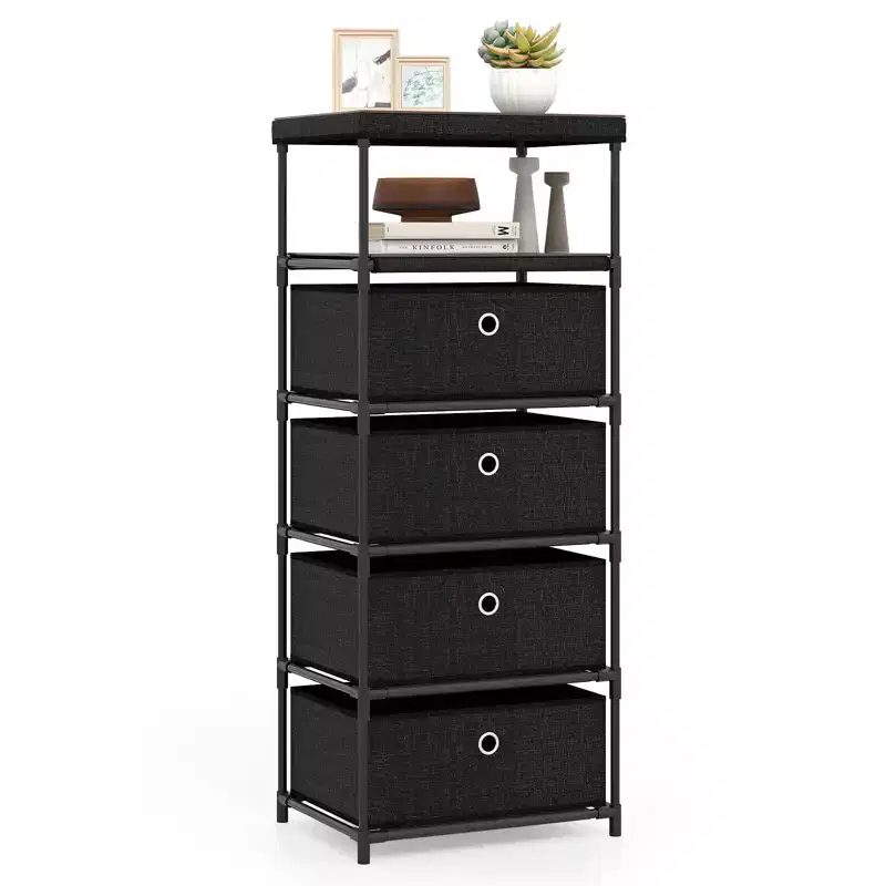 4-Drawer Dresser with Shelf and Fabric Bins, Industrial Storage Tower Unit