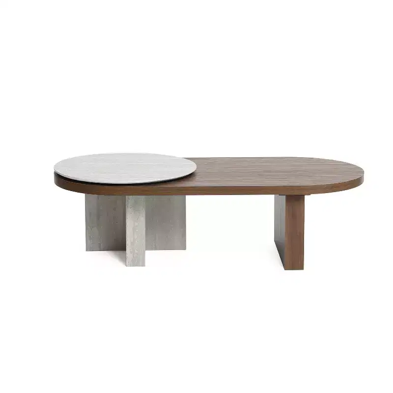 LuxenHome Travertine-Style and Walnut Finish MDF Wood Oval Coffee Table Brown