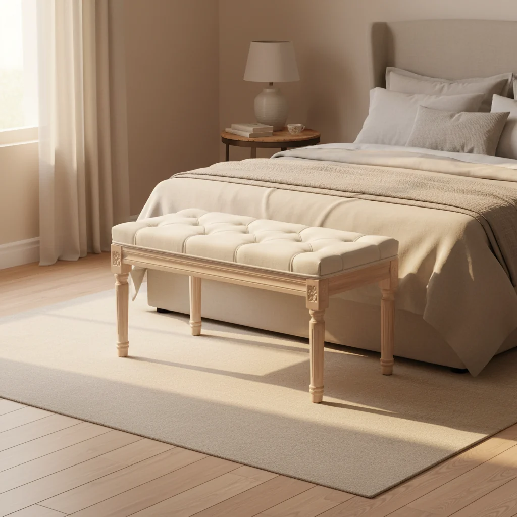 French Vintage End of Bed Bench, Linen Upholstered Bench with Thick Padded Seat and Wood Legs, Tufted Bedroom Bench