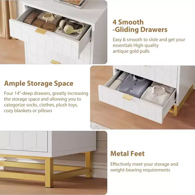 Zstar Bedroom Dressing Table, 4 Drawer Dresser with Metal Legs