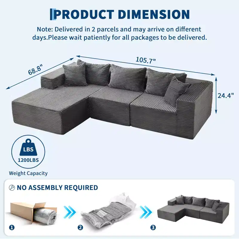 Cozy Spacious Cloud Modular Sectional Sofa  106 L-Shaped Soft Couch with Chaise, Comfy Boneless Design, No Assembly Required, Modern Living Room