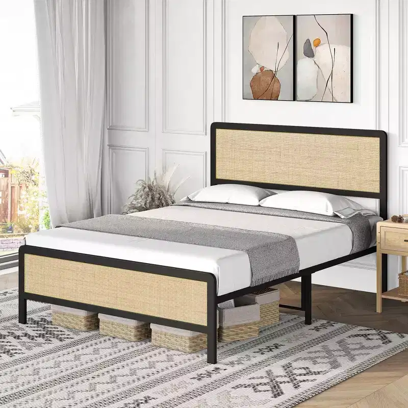 Platform Bed Frame with Rattan Headboard & Footboard,Boho, Heavy Duty Metal Slat Support, No Box Spring Needed, 1000LB Capacity