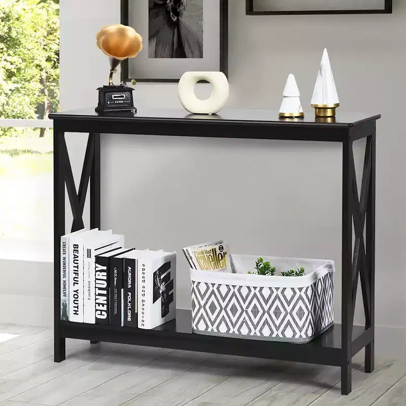 Costway 2-Tier Console Table x-Design Bookshelf Sofa Side Accent Table w/Shelf White\ Black\Espresso\Wood Grain