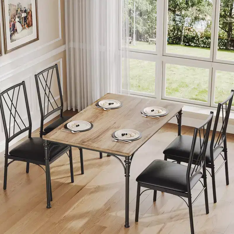 Dining Table Set for 4, Metal and Wood Indoor Modern Rectangular Dining Table Furniture Set, for Kitchen, Dining Room, Dinette, Breakfast Nook