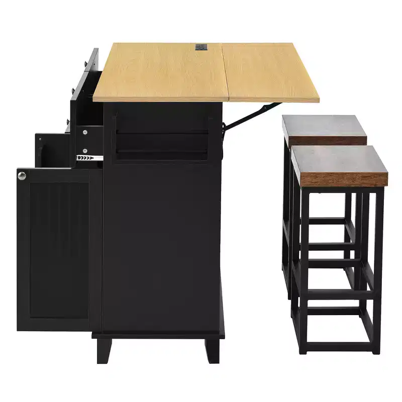 Farmhouse Kitchen Island with Drop Leaf, Drawers, Power Outlet and 2 Seats