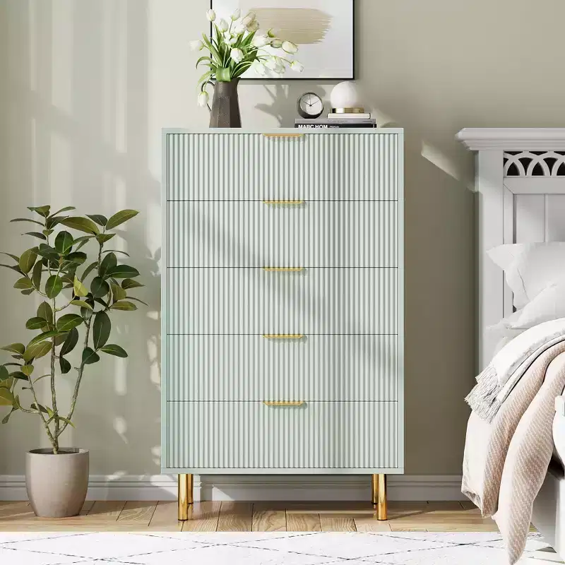 TROPOW Green Dresser, Modern 5 Drawer Dresser for Bedroom with Gold Handle and Large Drawer, Wood Double Chest of Drawers,Green