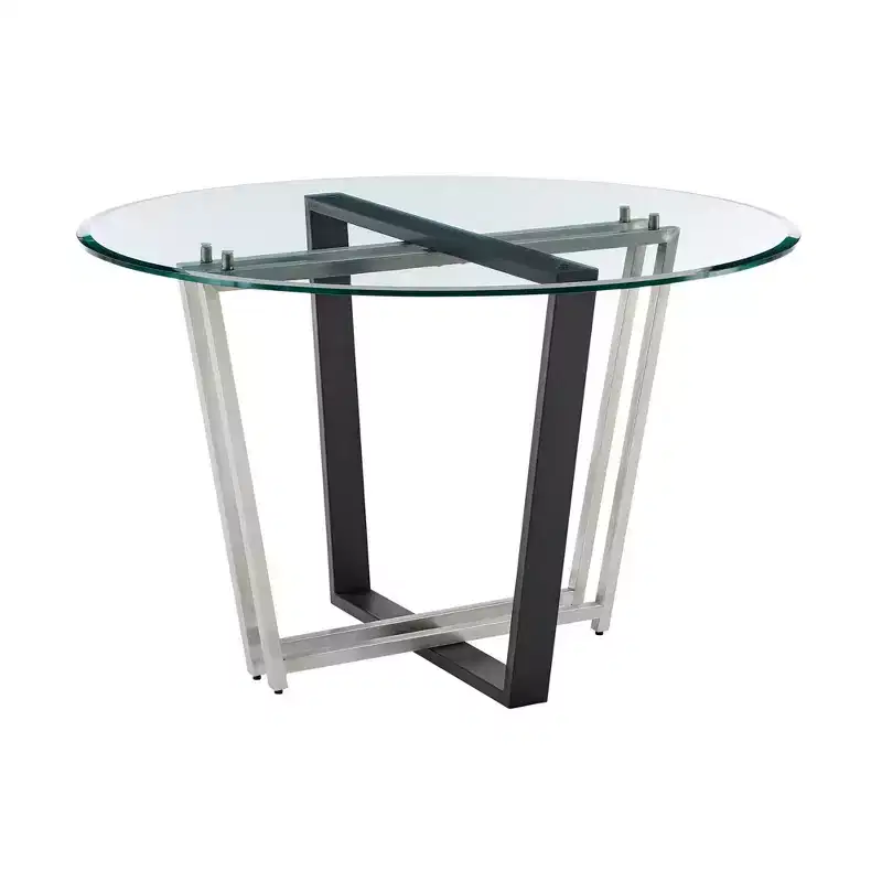 Round Glass Brushed Stainless Steel and Iron Base Dining Table