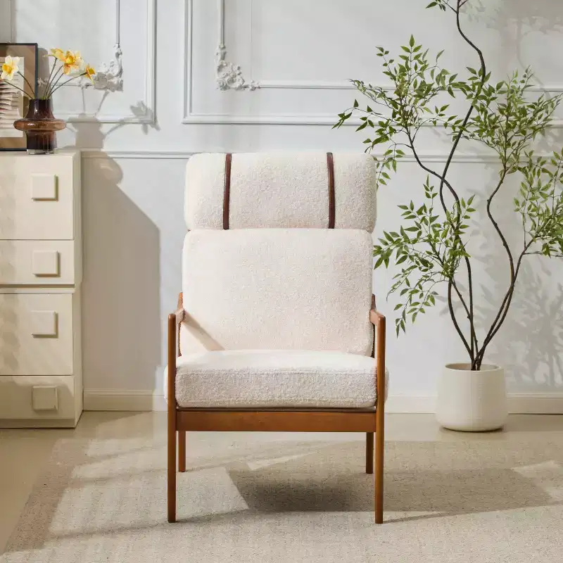 Mid-Century Modern Wooden Armchair with High Back and Cushions