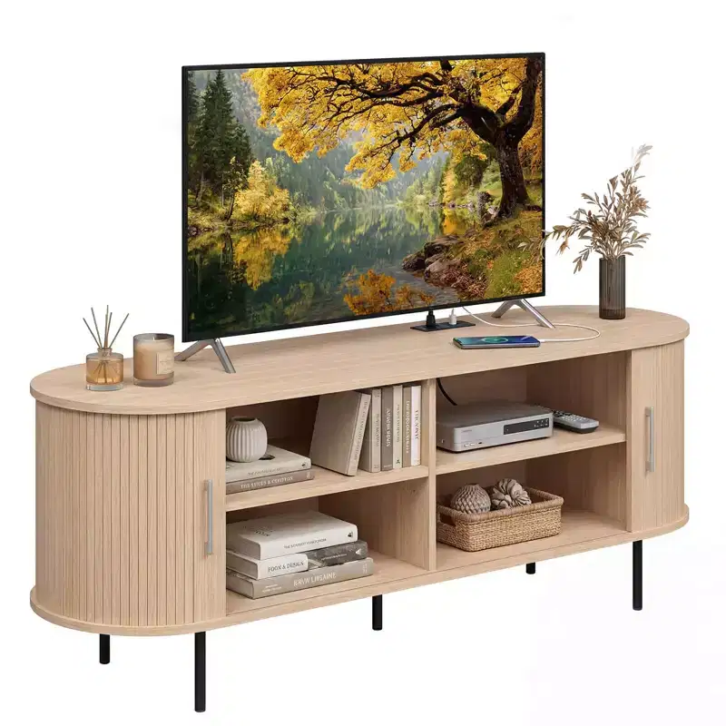 Costway Fluted TV Stand for TVs up to 60, Mid Century Curved Entertainment Center Natural/Walnut