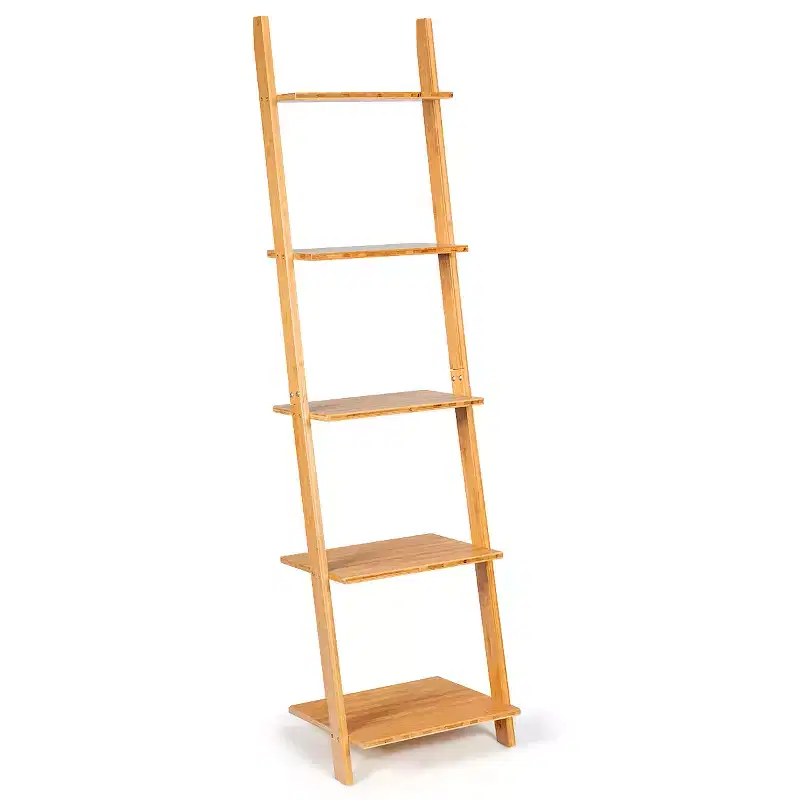 5-Tier Ladder Shelf Modern Bamboo Leaning Bookshelf Ladder Bookcase Open Display