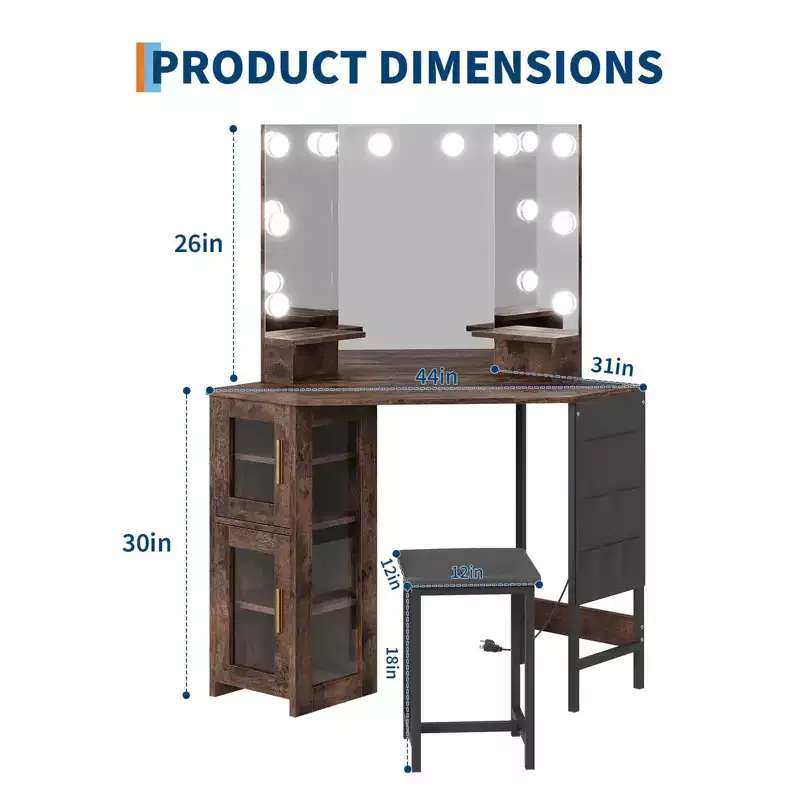GustoWave Corner Vanity Desk with Mirror, 3-Color LED Lighting, Modern Makeup Vanity with Stool for Bedroom or Studio, Space-Saving Dressing Table