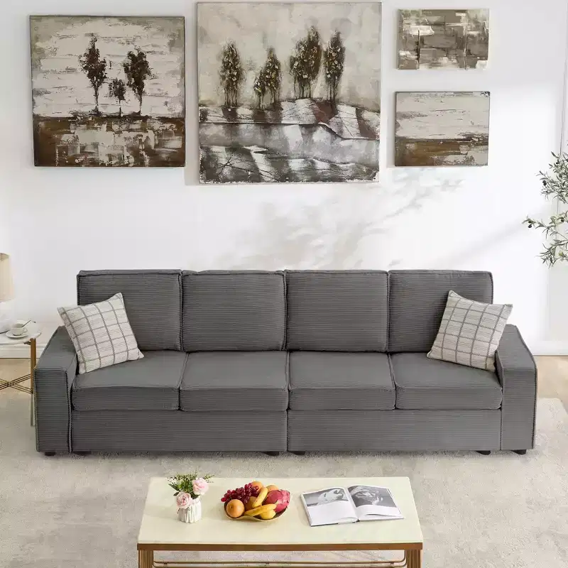 Sofa, Modular Sectional 4-Seater  Convertible Deep Couch with Chaise/Wide Armrests Plush Corduroy Loveseat for Living Room/Office Gray