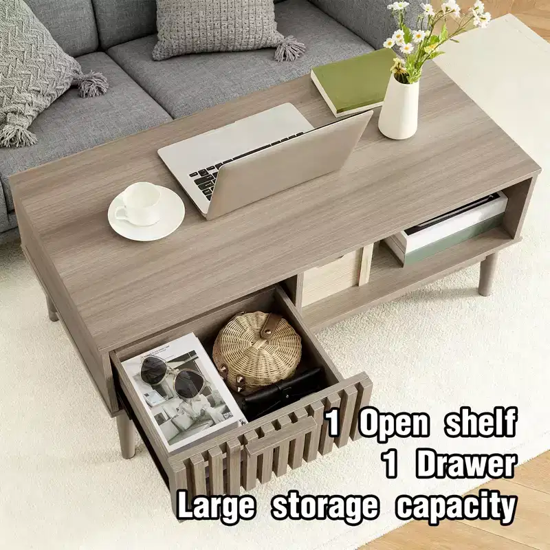 Modern Coffee Table with Storage Drawer & Open Shelf  2-Tier Fluted Rectangular Center Table