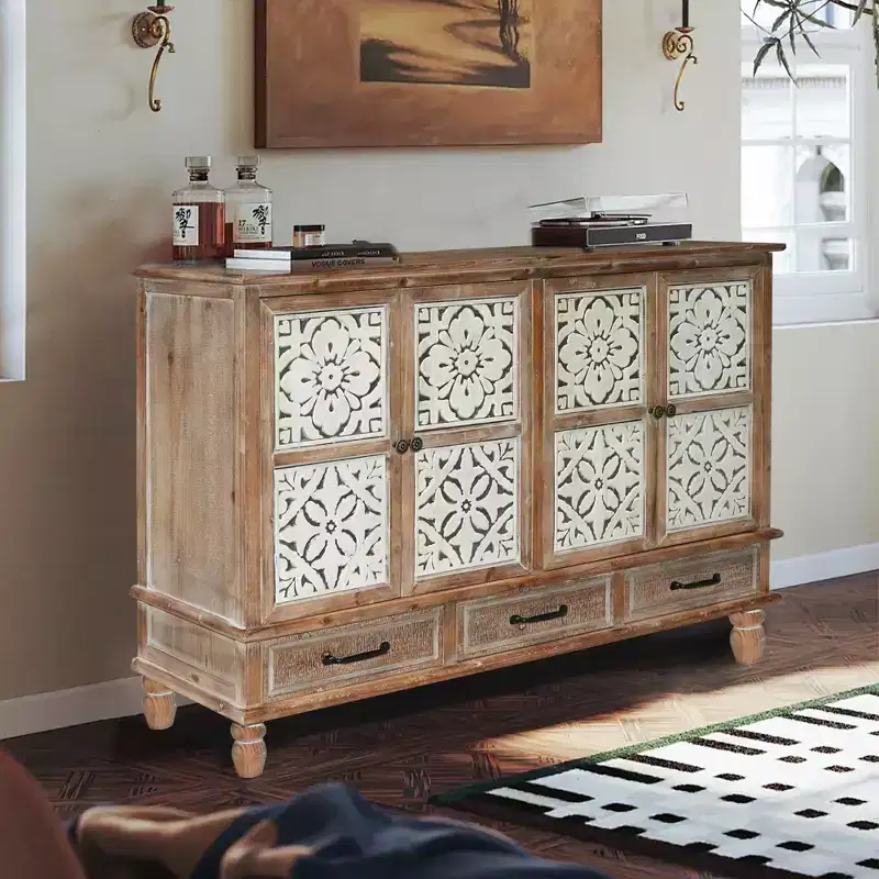 GDFStudio Patel Rustic Fir Wood 59.05'' Storage Sideboard Cabinet with 3 Drawers