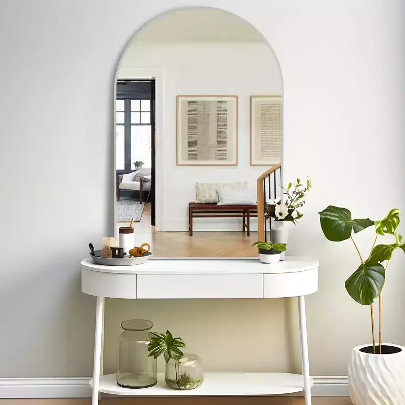 36x24 Arched Bathroom Mirror with Aluminum Alloy Metal Frame, HD Wall Mounted Hanging Vanity Mirror for Bedroom Living Room Entryway, Silver