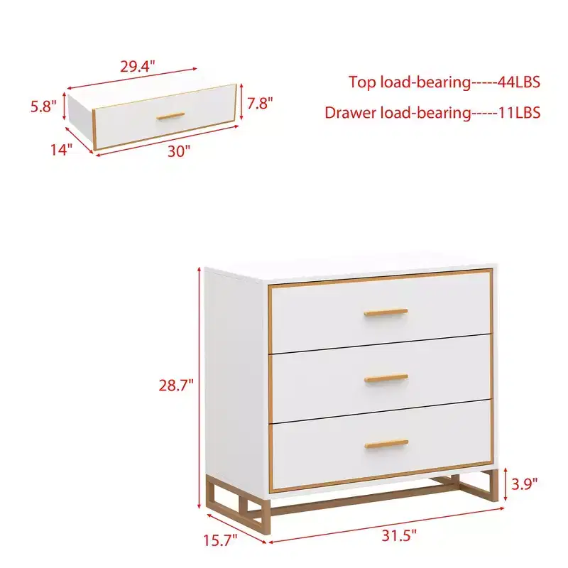3-Drawer Modern Nightstand with Open Metal Frame, Black & Gold Finish, 28.7
