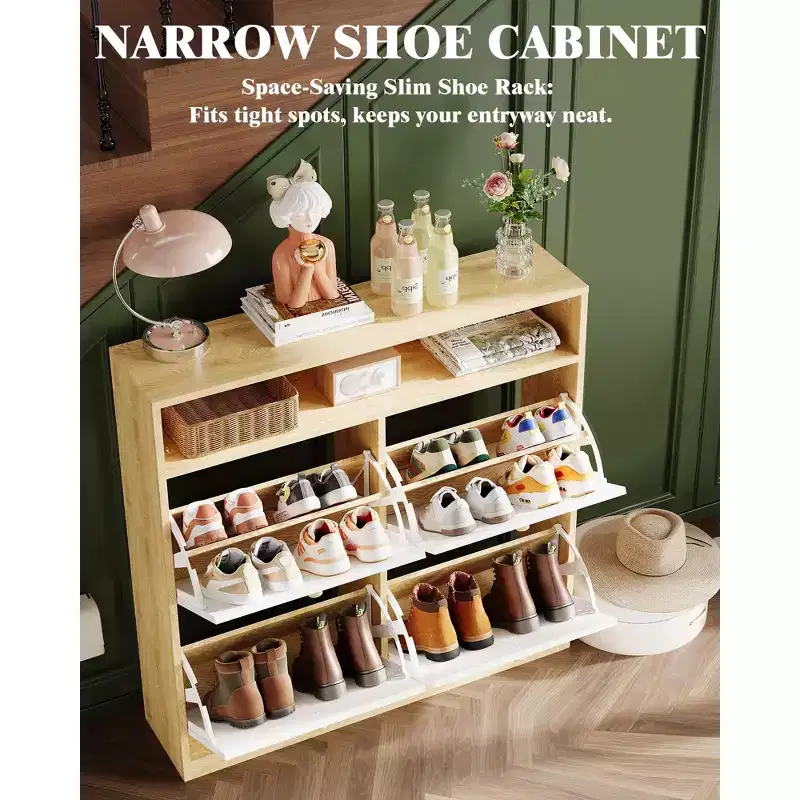 Narrow Shoe Cabinet with 4 Rotating Drawers & Open Shelf – Holds 18 Pairs, Wood, Freestanding