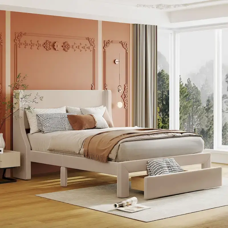 Full Size Beige Velvet Upholstered Platform Bed with Large Drawer