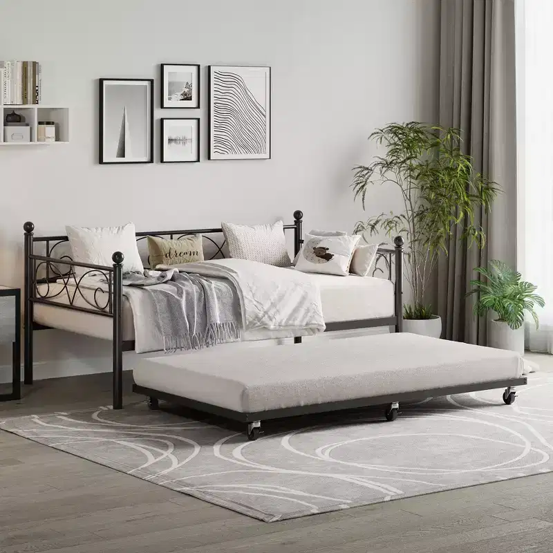 Twin Daybed with Trundle, Metal Trundle Bed, Sofa Bed Frame, Heavy Duty Metal Slats, for Living Room, Bedroom, Guest Room, Space Saving