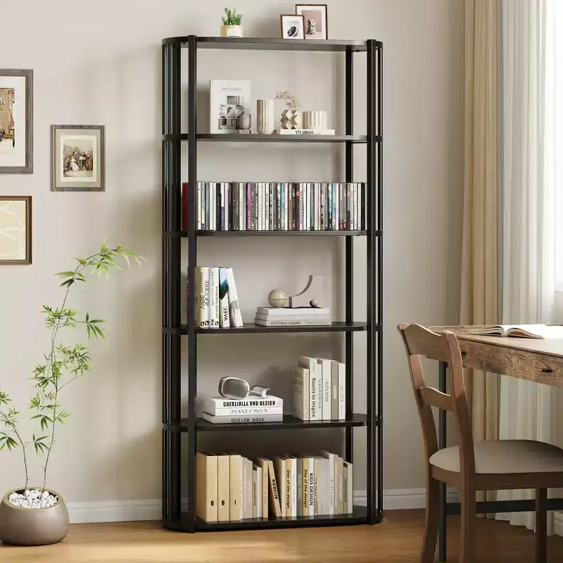 Bookshelf, 6-layer bookcase, industrial style corner storage shelf, freestanding, suitable for bedroom, home office, kitchen, living room