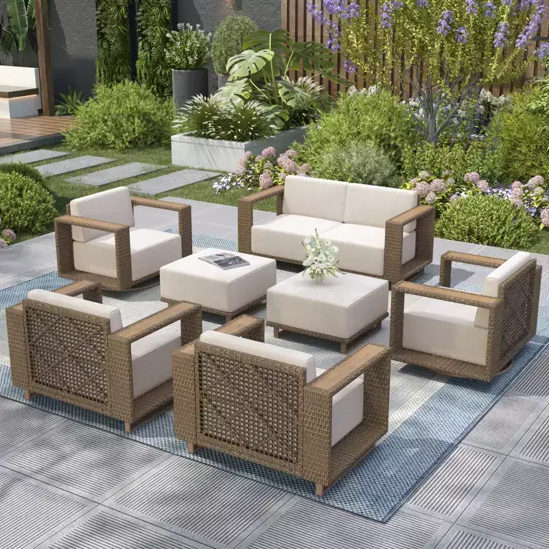 Captiva Designs Outdoor Patio Modular Furniture Sectional Wicker Sofa Set with Swivel Armchairs and Extra Thick Cushions