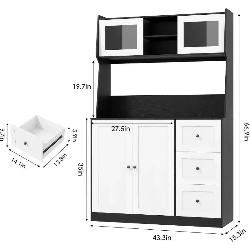 67 Tall Adjustable Storage Cabinet with Tempered Glass Doors, Spacious Countertop, Modern Kitchen Pantry, Coffee Bar, Office Organizer