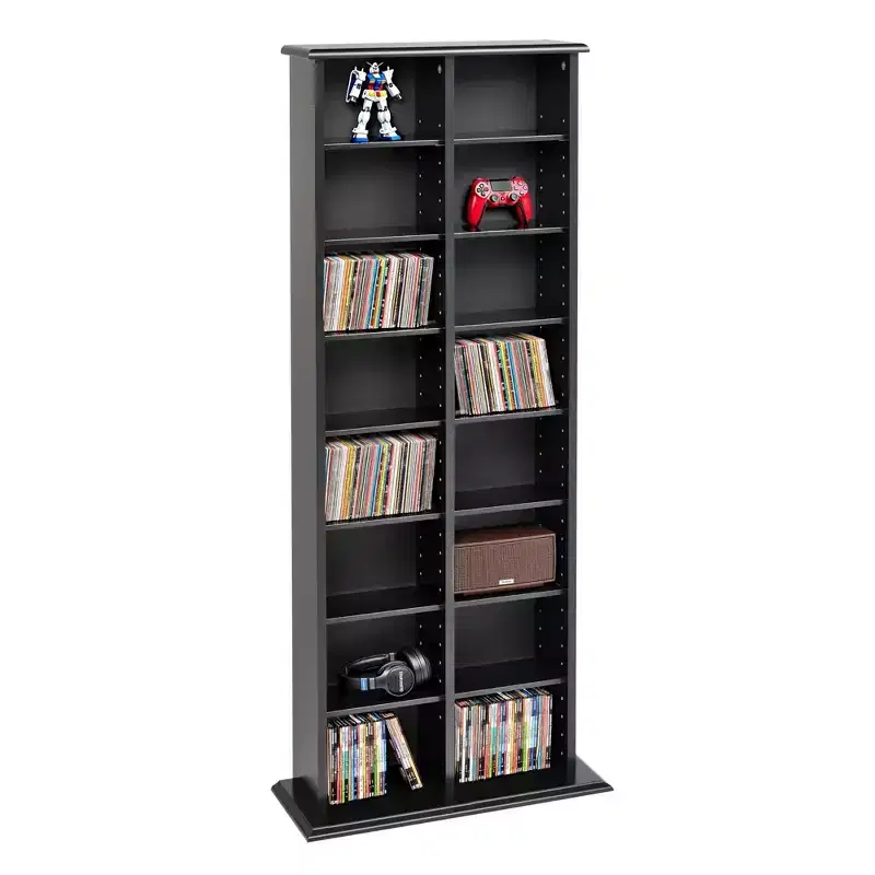 Double Media Storage Tower - Black - Prepac: Holds 320 CDs, 130 DVDs, 14 Adjustable Shelves, Wood Composite