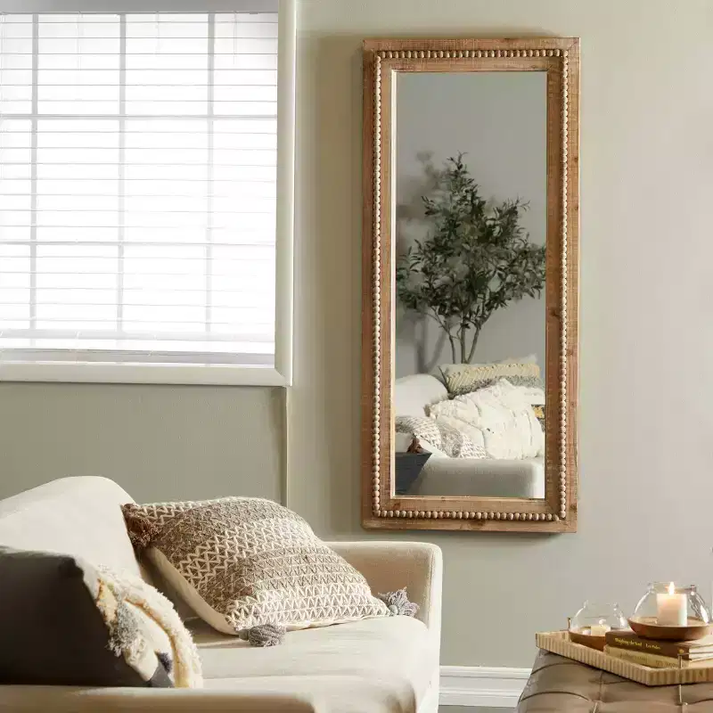 Wood Distressed Wall Mirror with Beaded Detailing Brown - Olivia & May
