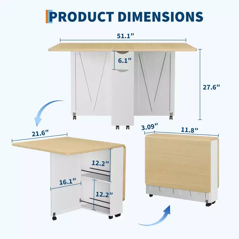 Folding Dining Table for 4,Farmhouse Kitchen Table with Drawer, 2-Layer Storage Shelf & 6 Wheels for Small Spaces